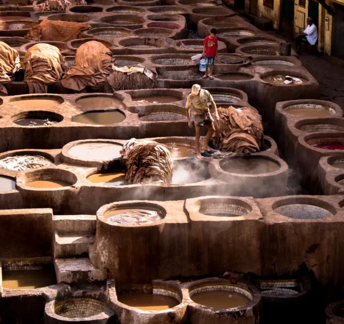 Traditional leather tannery in Fes medina, desert tours from Fes to Merzouga