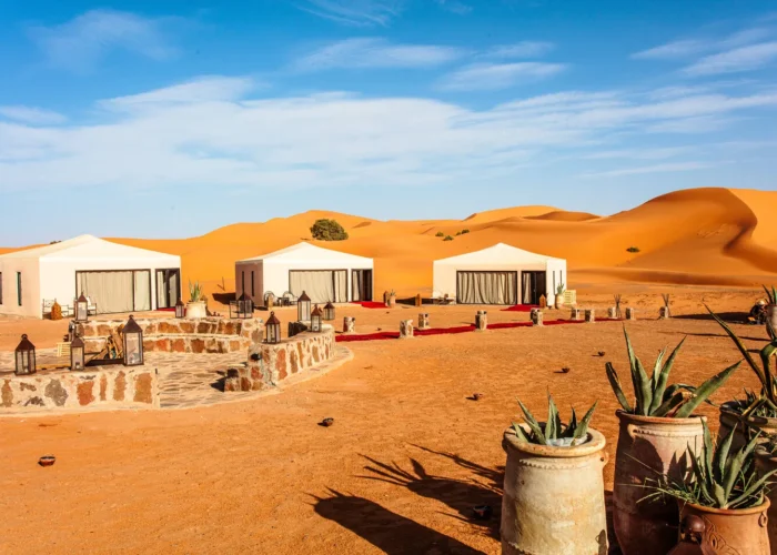 Luxury desert camp tents in Merzouga, Erg Chebbi dunes, Morocco